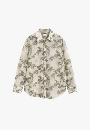 Long-sleeve button-up shirt in light beige with dark green floral and foliage print. Features a classic collar and straight cut hem.