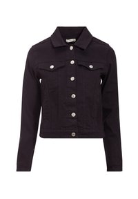 Zwarte spijkerjack met een cropped ontwerp, zilveren knopen, twee borstzakken en een klassieke kraag. Gelaagd stof met minimale details.