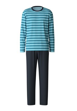 Men's pajama set featuring a long-sleeve, striped blue top with white and dark blue accents, and solid dark blue pants with a smooth texture.