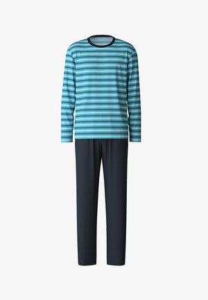 Men's pajama set featuring a long-sleeve, striped blue top with white and dark blue accents, and solid dark blue pants with a smooth texture.