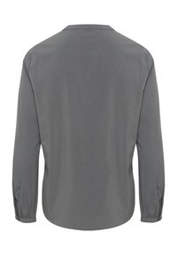 Einfärbiger grauer Langarmshirt mit rundem Ausschnitt und mit Knöpfen versehenen Manschetten, von hinten auf einem weißen Hintergrund gezeigt.