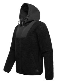 Giacca in pile nera con cappuccio, dotata di un pannello frontale liscio, chiusura con zip e tasche laterali. Il tessuto testurizzato aggiunge calore e comfort.