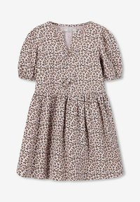 Leopardenmuster-Kleid mit V-Ausschnitt, kurzen Puffärmeln, einer Taillennaht und einem ausgestellten Rock. Hergestellt aus leichtem Stoff in beige- und braun Tönen.