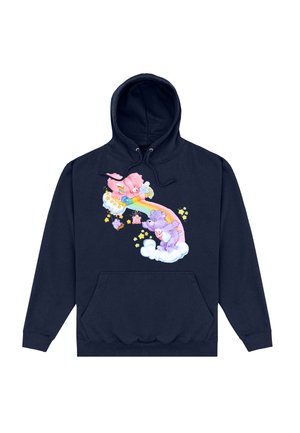 Granatowy hoodie z kieszenią z przodu, z kolorowym nadrukiem przedstawiającym kreskówkowe niedźwiedzie, tęczę, chmury i gwiazdy w delikatnych pastelowych odcieniach.