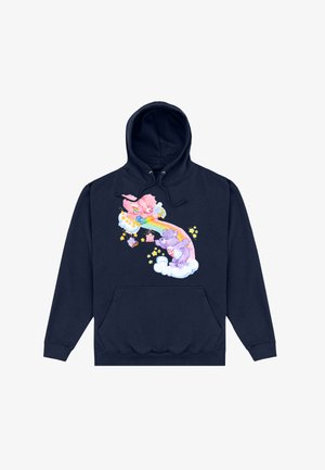 Navy blue hoodie with a front pocket, featuring a colorful print of cartoon bears, a rainbow, clouds, and stars in soft pastel hues.