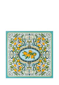 Türkiser rechteckiger Schal mit gelben Zitronenbündeln, grünen Blättern, weißen Blumen und aufwendigen Scroll-Mustern in ovalen und Ecke-Design.