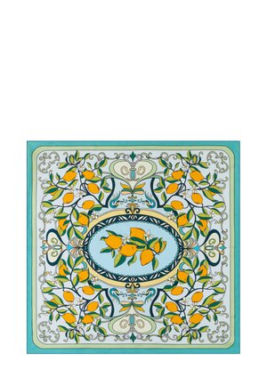 Türkiser rechteckiger Schal mit gelben Zitronenbündeln, grünen Blättern, weißen Blumen und aufwendigen Scroll-Mustern in ovalen und Ecke-Design.