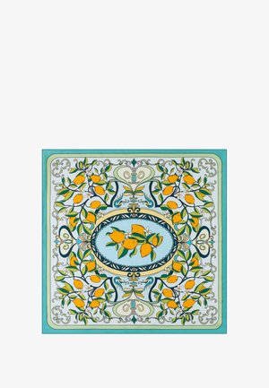 Turquoise rectangular scarf with yellow lemon clusters, green leaves, white flowers, and ornate scroll patterns in an oval and corner design.