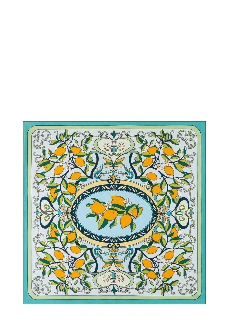 Türkiser rechteckiger Schal mit gelben Zitronenbündeln, grünen Blättern, weißen Blumen und aufwendigen Scroll-Mustern in ovalen und Ecke-Design.