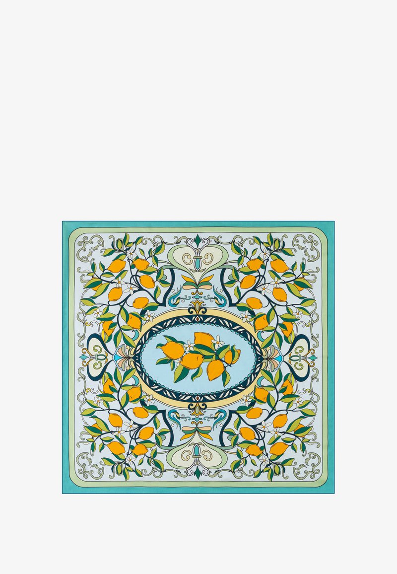 Türkiser rechteckiger Schal mit gelben Zitronenbündeln, grünen Blättern, weißen Blumen und aufwendigen Scroll-Mustern in ovalen und Ecke-Design.