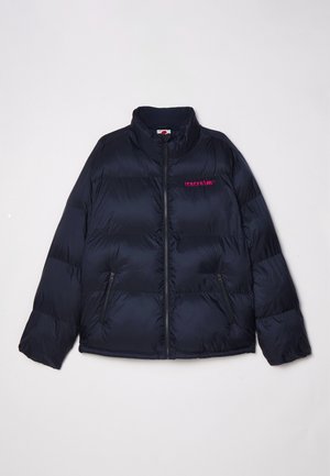 Navy puffer jacket with a stand collar, zip front, and two side pockets. Features pink "icecream" logo on the left chest. Soft, quilted texture.