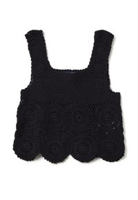 Top in cotone lavorato a maglia nero con spalline larghe, caratterizzato da una texture a motivo circolare e un bordo inferiore ricamato a onde. Design aperto e arioso.