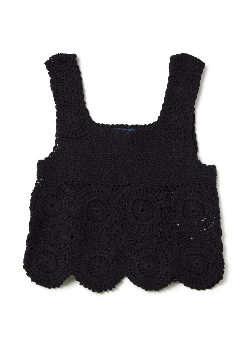 Top in cotone lavorato a maglia nero con spalline larghe, caratterizzato da una texture a motivo circolare e un bordo inferiore ricamato a onde. Design aperto e arioso.