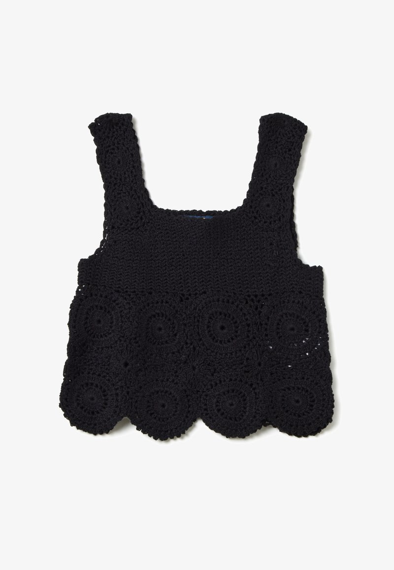 Zwarte haak tanktop met brede banden, voorzien van een cirkelvormig motief en een gegolfde onderrand. Open en luchtig ontwerp.