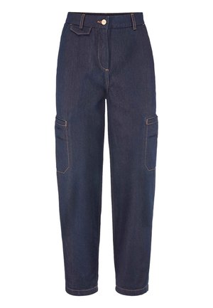 Dunkelblaue Jeans-Cargohosen mit hoher Taille, Knopfverschluss, Seitentaschen und geraden Beinen.