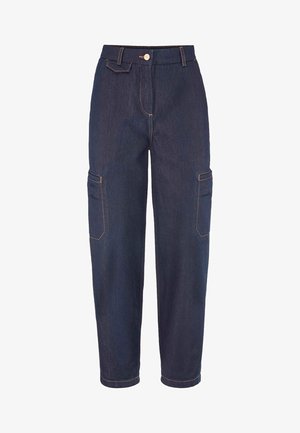 Donkerblauwe denim cargobroek met hoge taille, knoopsluiting, zijzakken en rechte pijpen.