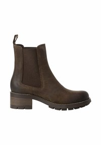 Stivaletti in suede marrone con pannelli laterali in rete, punta tondeggiante e tacco basso a blocco, caratterizzati da cuciture in contrasto e una linguetta per infilare.