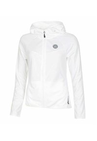 Witte ritsjack met capuchon, met een gladde textuur, aansluitend ontwerp en een klein logo op de borst. Accenten nabij de zoom.
