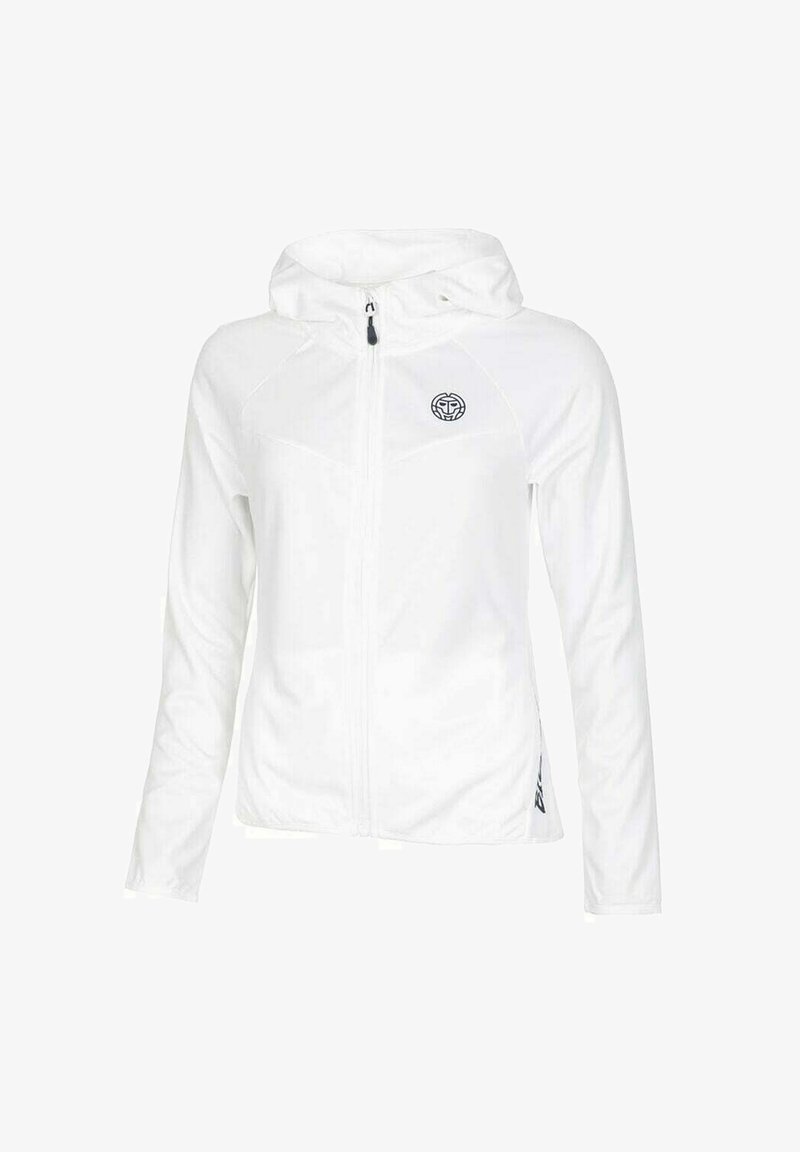 Witte ritsjack met capuchon, met een gladde textuur, aansluitend ontwerp en een klein logo op de borst. Accenten nabij de zoom.