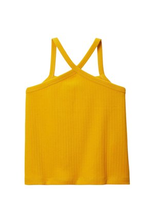 Débardeur jaune à côtes avec des bretelles croisées. Texture lisse, coupe régulière et design à ourlet arrondi. Style simple et polyvalent.