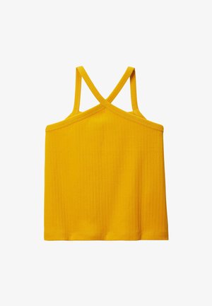 Débardeur jaune à côtes avec des bretelles croisées. Texture lisse, coupe régulière et design à ourlet arrondi. Style simple et polyvalent.