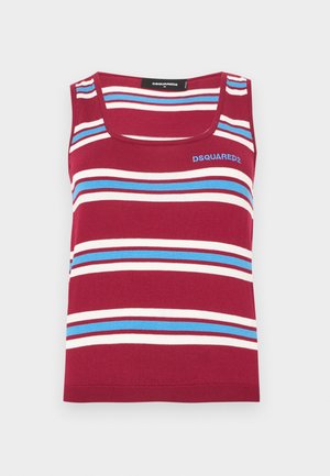 Red striped tank top with blue and white horizontal lines. Features a square neckline and ribbed hem. Logo visible on the upper left.