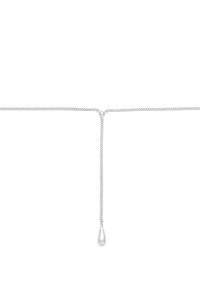 Silver chain necklace with a drop pendant. Features a sleek, thin design with a smooth, teardrop-shaped accent at the center.