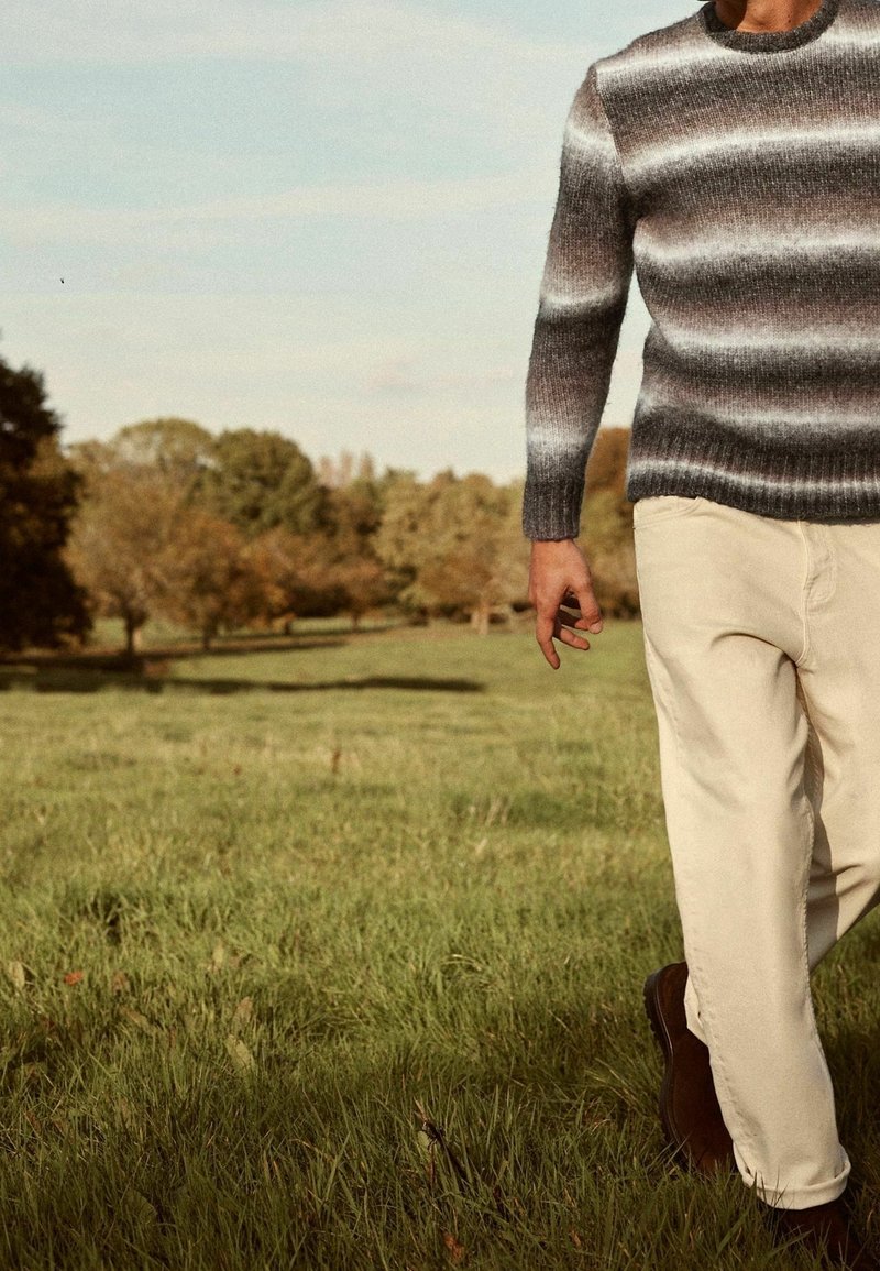 Homme portant un pull rayé et un pantalon beige marchant sur l'herbe dans un parc avec des arbres en arrière-plan pendant la journée.