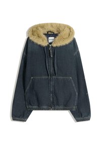 Džínová bunda s límcem z umělé kožešiny, se zapínáním na zip, dvěma předními kapsami, elastickými manžetami a lemem. Tmavě modrý odstín s viditelnými švy.