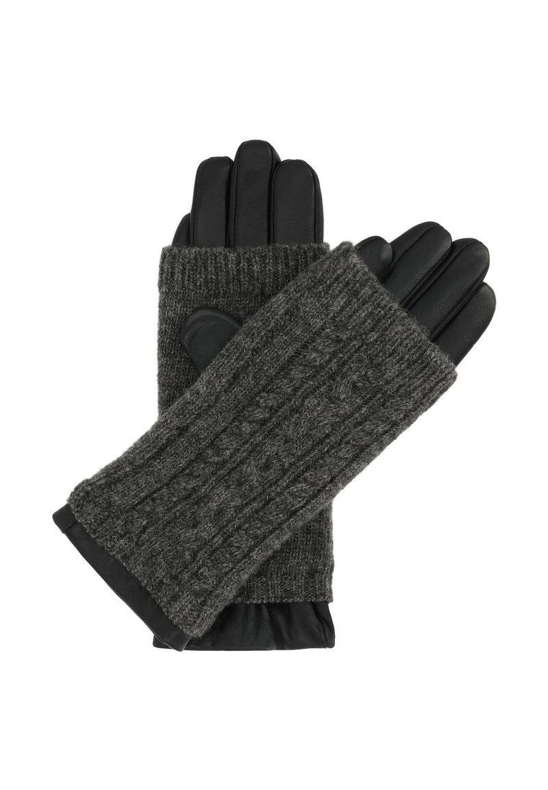 Sivkane pletene volnene rokavice s črnimi usnjenimi konicami prstov. Manšeta ima rebrast vzorec, ki nudi toplino in gibljivost rok.
