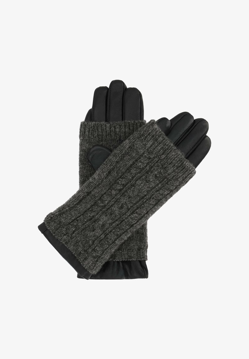 Sivkane pletene volnene rokavice s črnimi usnjenimi konicami prstov. Manšeta ima rebrast vzorec, ki nudi toplino in gibljivost rok.