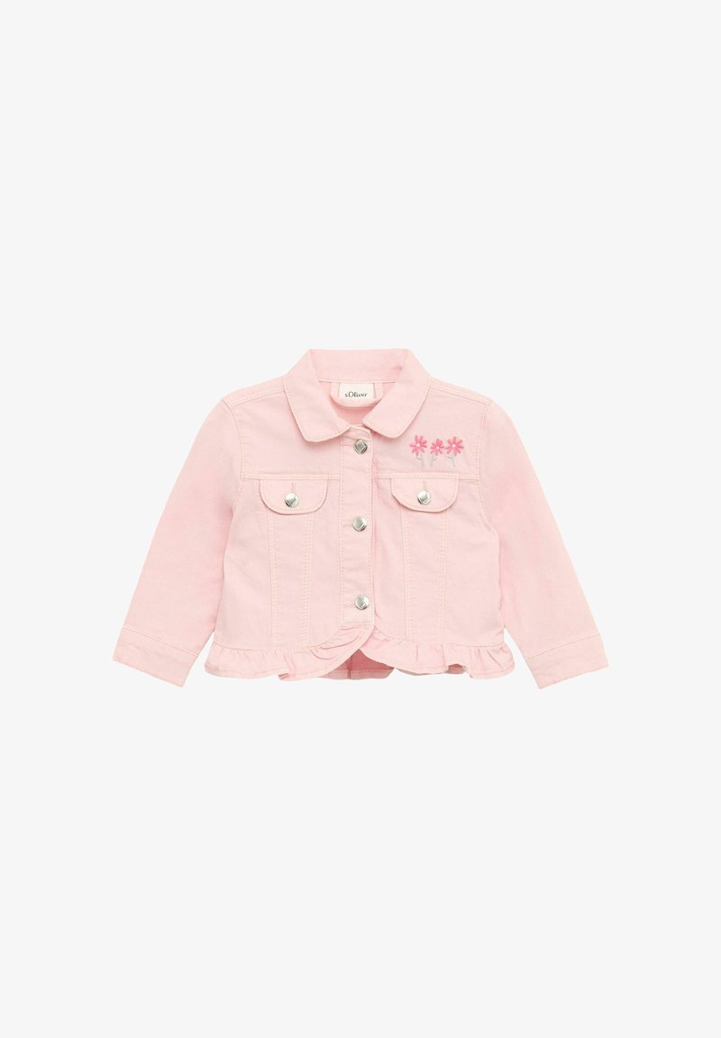 Rosa Jeansjacke mit langen Ärmeln, silbernen Knöpfen, zwei Vordertaschen, gerafftem Saum und Blumenstickerei auf der linken Brust.
