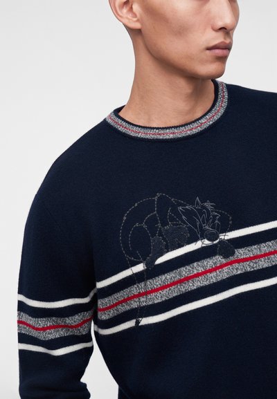 Homme portant un pull bleu marine avec des rayures grises, blanches et rouges et un contour discret brodé d’un renard endormi sur la poitrine.