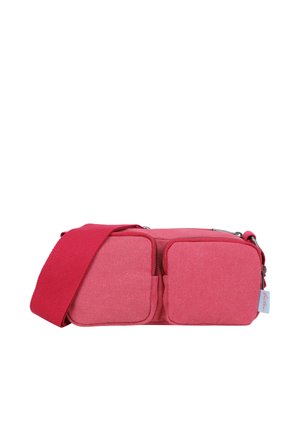 Rechteckige rosa Stoff-Umhängetasche mit zwei vorderen Reißverschlusstaschen und einem breiten, verstellbaren Tragegurt in passender Farbe.