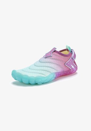 Slip-on water shoe with a gradient color from light blue to pink. Features textured surface and rubber sole with hexagonal pattern.