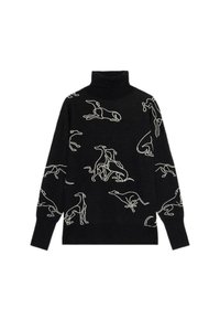 Schwarzer Rollkragenpullover mit weißen bestickten Hundedesigns, lockere Passform, lange Ärmel und weiche Textur.