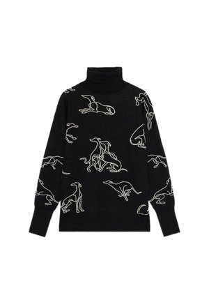 Suéter negro de cuello alto con diseños de perros bordados en blanco, corte relajado, manga larga y textura suave.