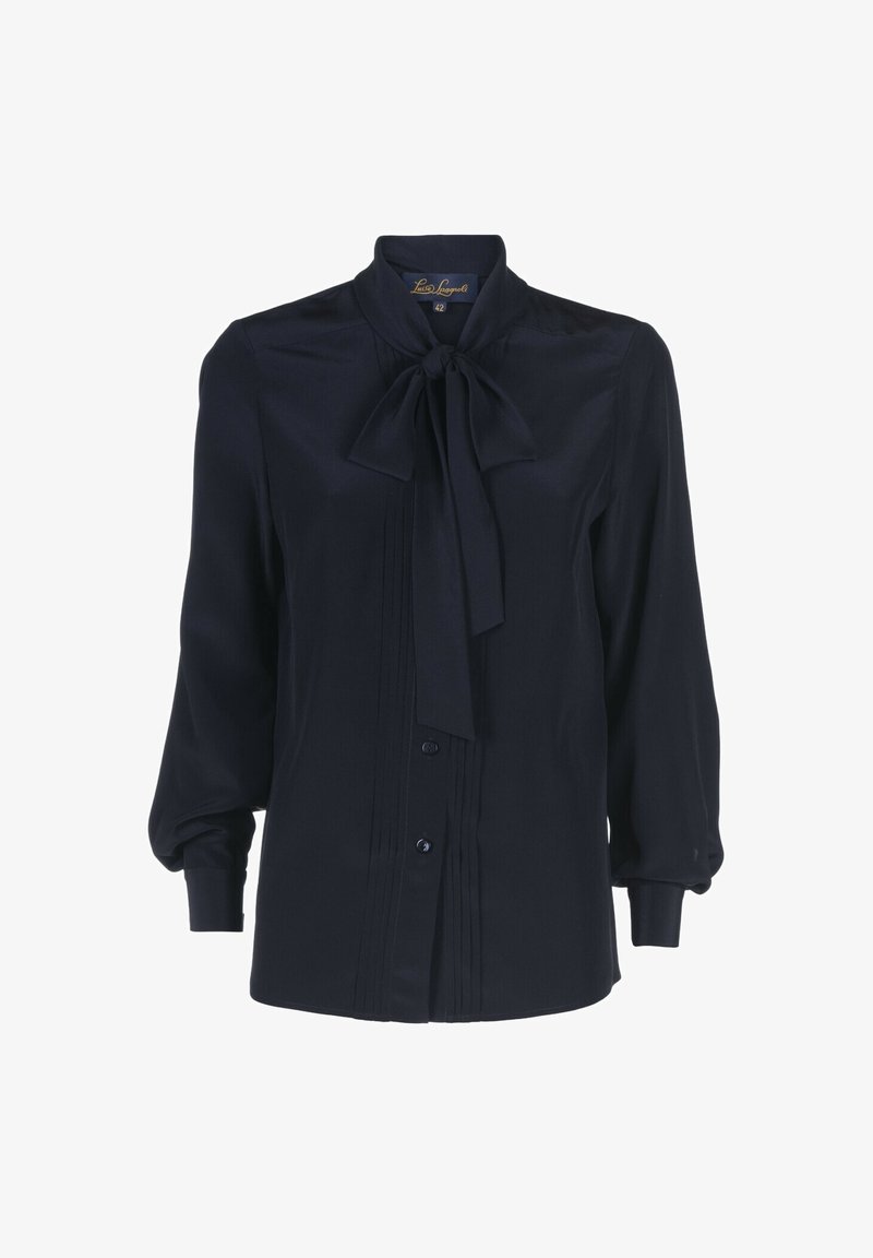 Blouse bleu marine à manches longues avec plis sur le devant, col noué en nœud, poignets boutonnés et boutons sur le devant.