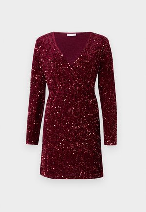 Bordeauxvelours-Mini-Kleid mit langen Ärmeln, V-Ausschnitt, Wickelstil und glitzernden Pailletten über das gesamte Kleid.
