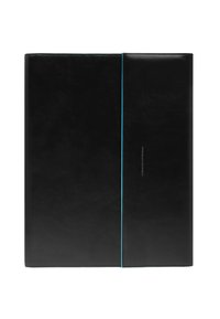 Schwarze Lederakte mit glatter Textur, versehen mit einer türkisfarbenen Akzentlinie und einem dezenten Logo auf der Vorderseite. Schlankes, rechteckiges Design.