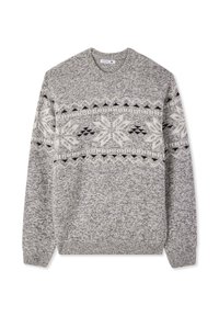 Maglione grigio lavorato a maglia con scollo rotondo, caratterizzato da un motivo a fiocchi di neve bianco e nero sul petto e tessuto testurizzato.