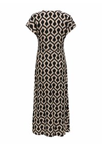 Robe midi à manches courtes à motif géométrique noir et beige, avec une taille ajustée et un ourlet droit, vue de dos.