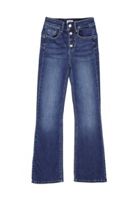 Jeans in denim blu con vita alta, quattro bottoni, tasche anteriori e posteriori, e gambe dritte leggermente svasate.