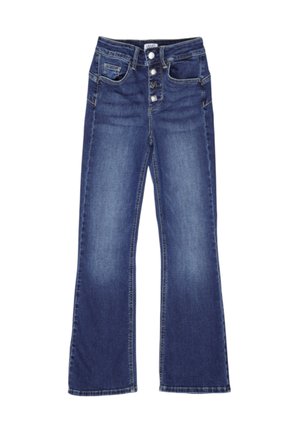 Jeans in denim blu con vita alta, quattro bottoni, tasche anteriori e posteriori, e gambe dritte leggermente svasate.