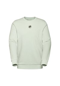 Light green sweatshirt with a round neck and long sleeves. Features a small black logo on the chest. Soft texture, casual design.