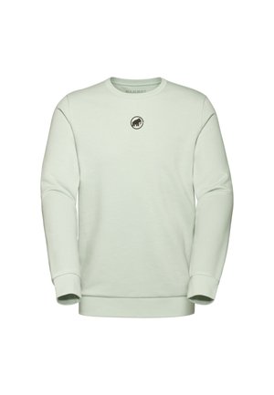 Lys grøn sweatshirt med rund hals og lange ærmer. Har et lille sort logo på brystet. Blød tekstur, casual design.