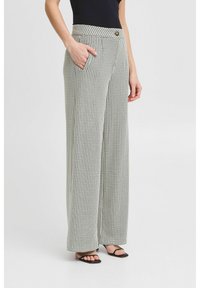 Kalhoty s širokými nohavicemi v černo-bílém vzoru houndstooth, s vysokým pasem, detailem knoflíku a kapsami. Hladká textilie.