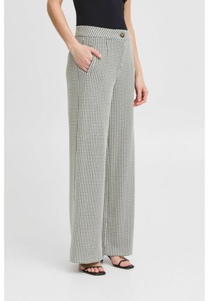 Wide-leg trousers in a black and white houndstooth pattern, featuring a high waistband, a button detail, and pockets. Smooth fabric texture.