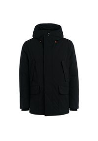 Giacca imbottita nera con cappuccio. Presenta una chiusura frontale con zip, due tasche anteriori e dettagli arancioni sul cordino. Texture liscia.