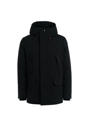 Giacca imbottita nera con cappuccio. Presenta una chiusura frontale con zip, due tasche anteriori e dettagli arancioni sul cordino. Texture liscia.